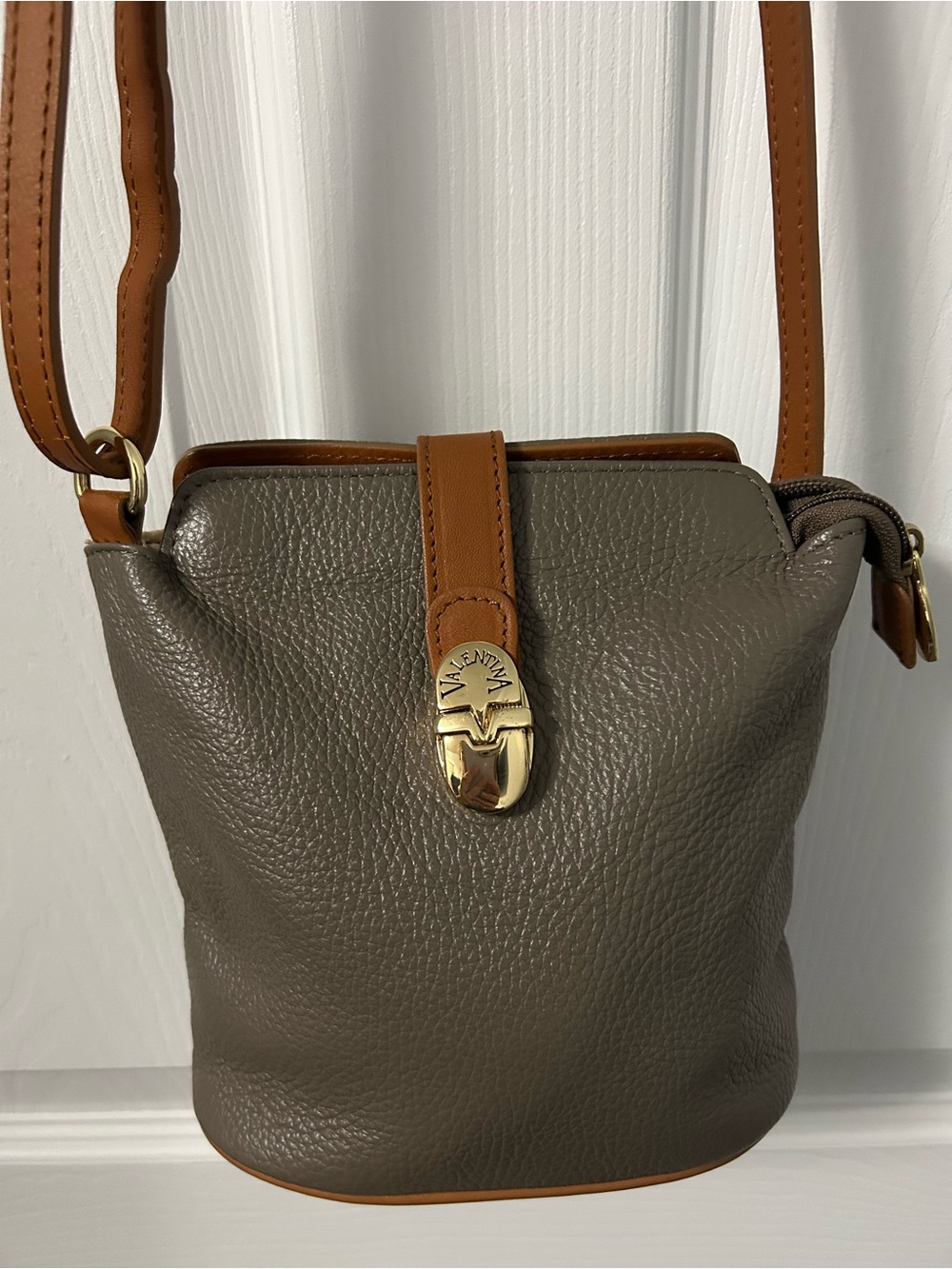 Valentina Taupe Leather Crossbody with Tan Trim and Gold Hardware